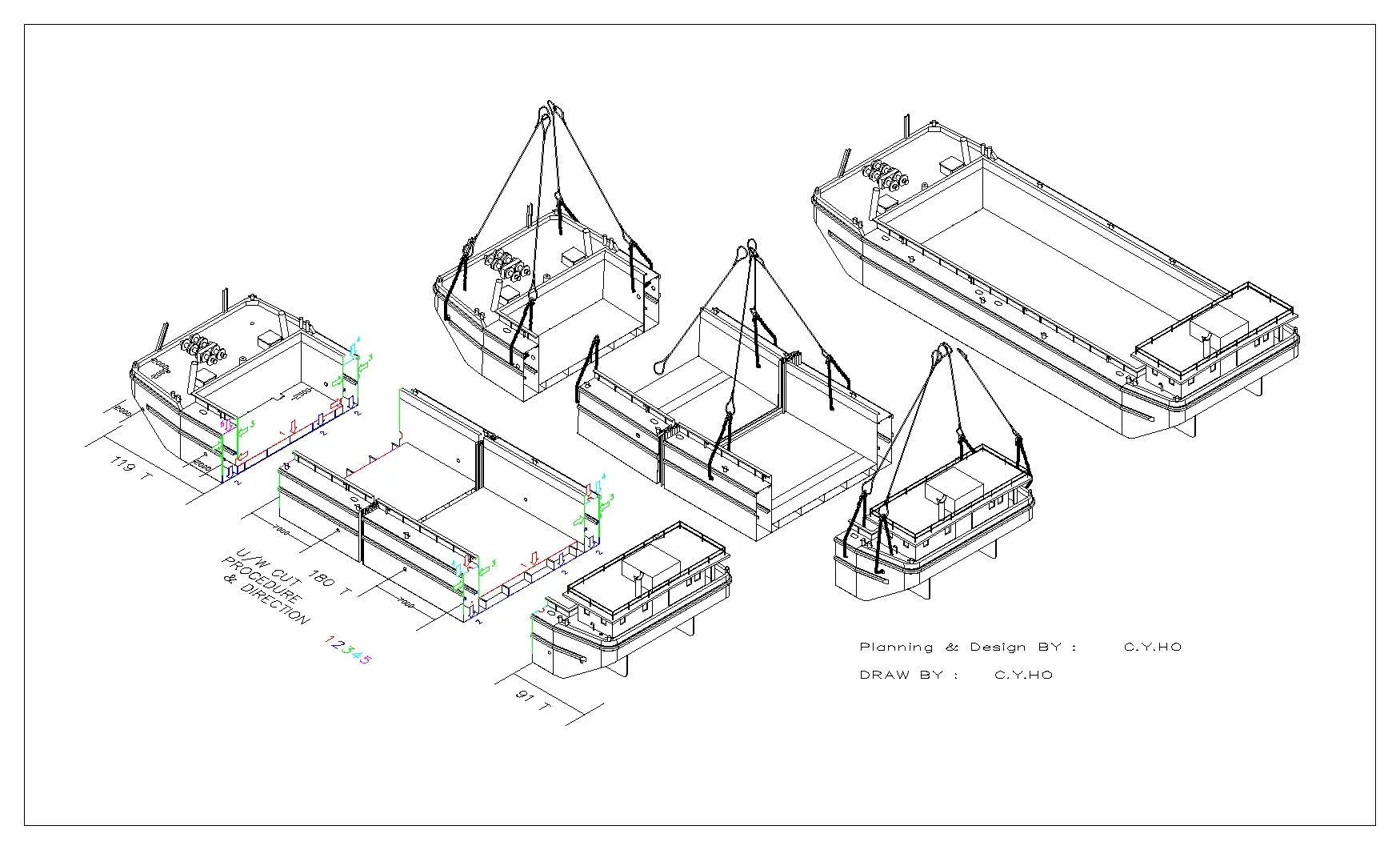 Salvage plan: cutting and lifting sequence · 打撈方案